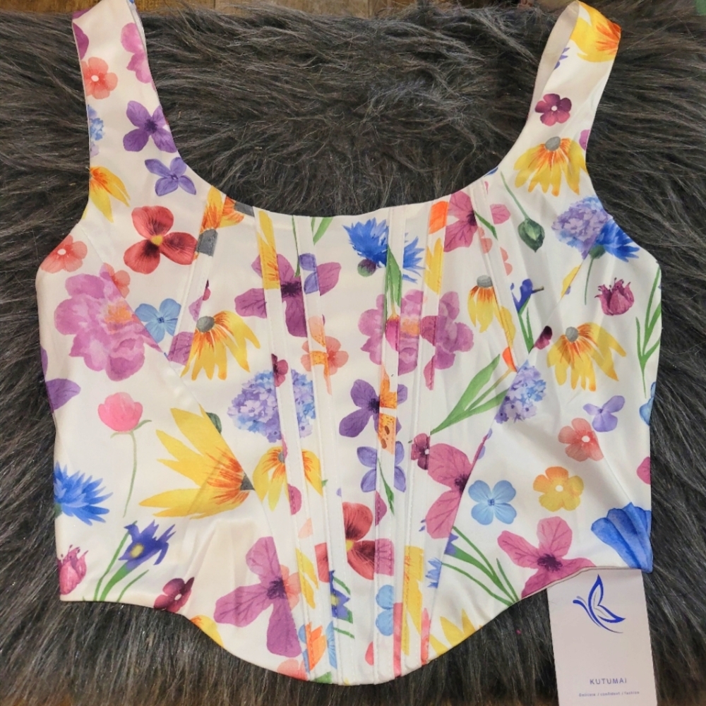 Kutumai Floral Zippered Crop Corset Top in XS
